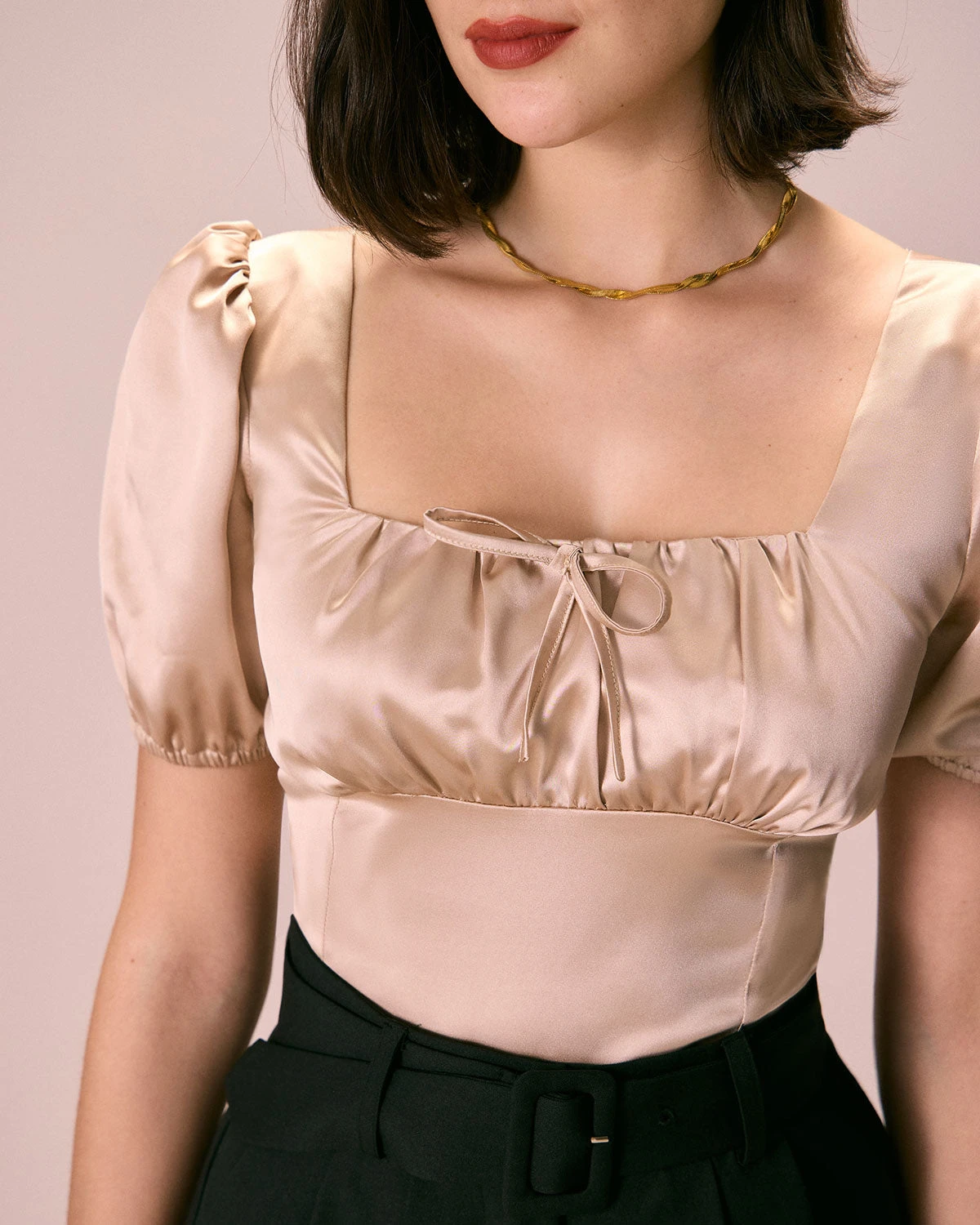 The Apricot Square Neck Ruched Puff Sleeve Satin Blouse 2 The Apricot Square Neck Ruched Puff Sleeve Satin Blouse - Image 2