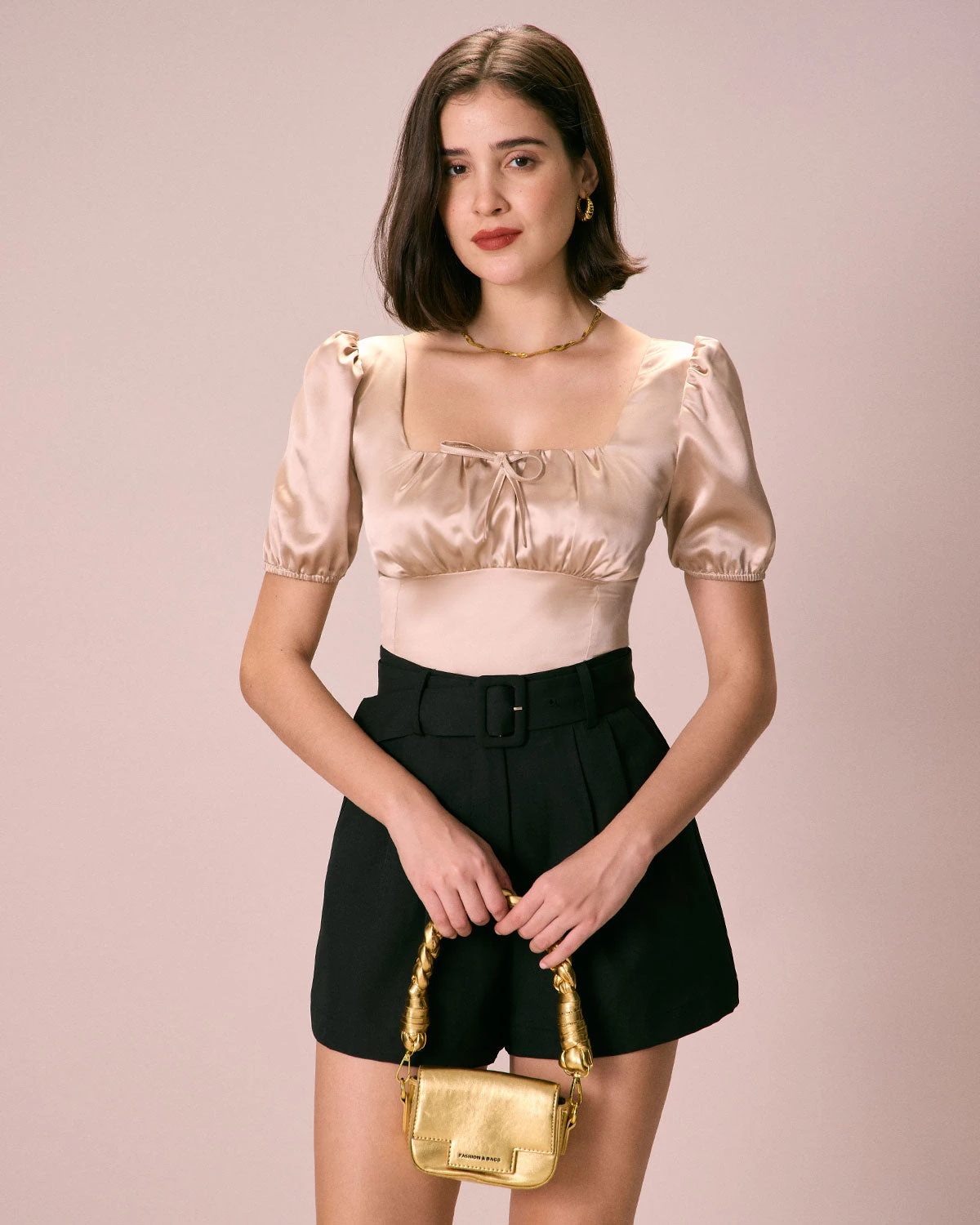 The Apricot Square Neck Ruched Puff Sleeve Satin Blouse 1 The Apricot Square Neck Ruched Puff Sleeve Satin Blouse