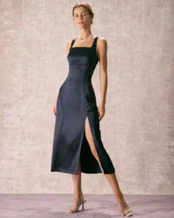 The Navy Square Neck Sheath Satin Midi Dress -Deals Dress N Swimwear Store the square neck satin midi dress dresses 7ttqyc