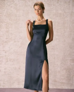 The Navy Square Neck Sheath Satin Midi Dress
