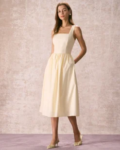 The Light Yellow Pleated Cross Back Midi Dress 8 The Light Yellow Pleated Cross Back Midi Dress -Deals Dress N Swimwear Store the square neck solid midi dress light yellow dresses rh2ynt