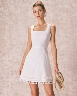 The White Square Neck Sleeveless Tassel Mini Dress