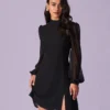 The Black Stand Collar Sheer Slit Mini Dress