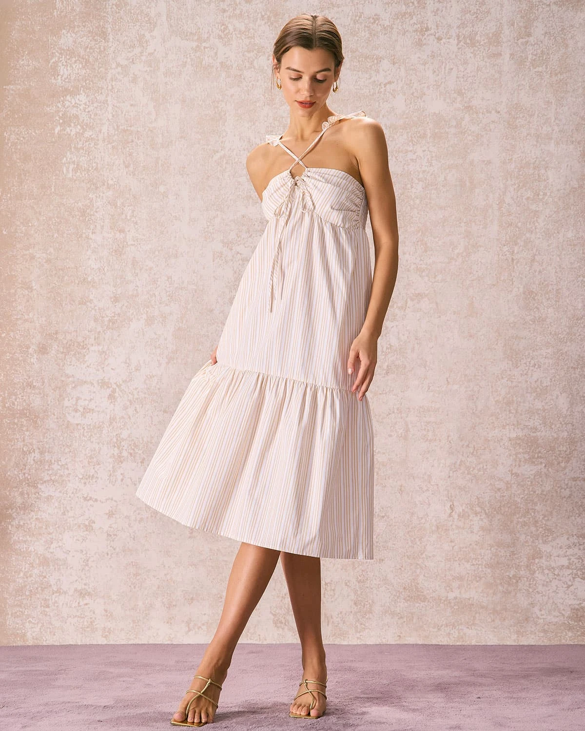 The Yellow V Neck Striped Ruffle Midi Dress 4 The Yellow V Neck Striped Ruffle Midi Dress - Image 4