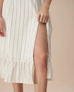 The Beige Puff Sleeve Striped Split Cotton Midi Dress -Deals Dress N Swimwear Store the striped split hem midi dress dresses 6bu9yf