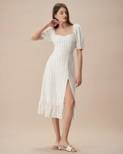 The Beige Puff Sleeve Striped Split Cotton Midi Dress -Deals Dress N Swimwear Store the striped split hem midi dress dresses gpv5ij