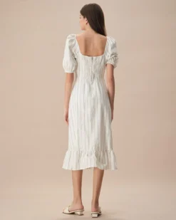 The Beige Puff Sleeve Striped Split Cotton Midi Dress -Deals Dress N Swimwear Store the striped split hem midi dress dresses zws1dh