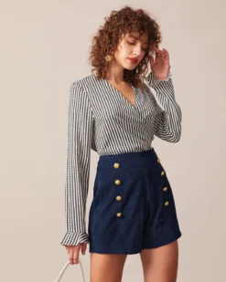 The Black V Neck Poet Sleeve Wrap Blouse -Deals Dress N Swimwear Store the striped v neck wrap blouse tops dgoang 229453