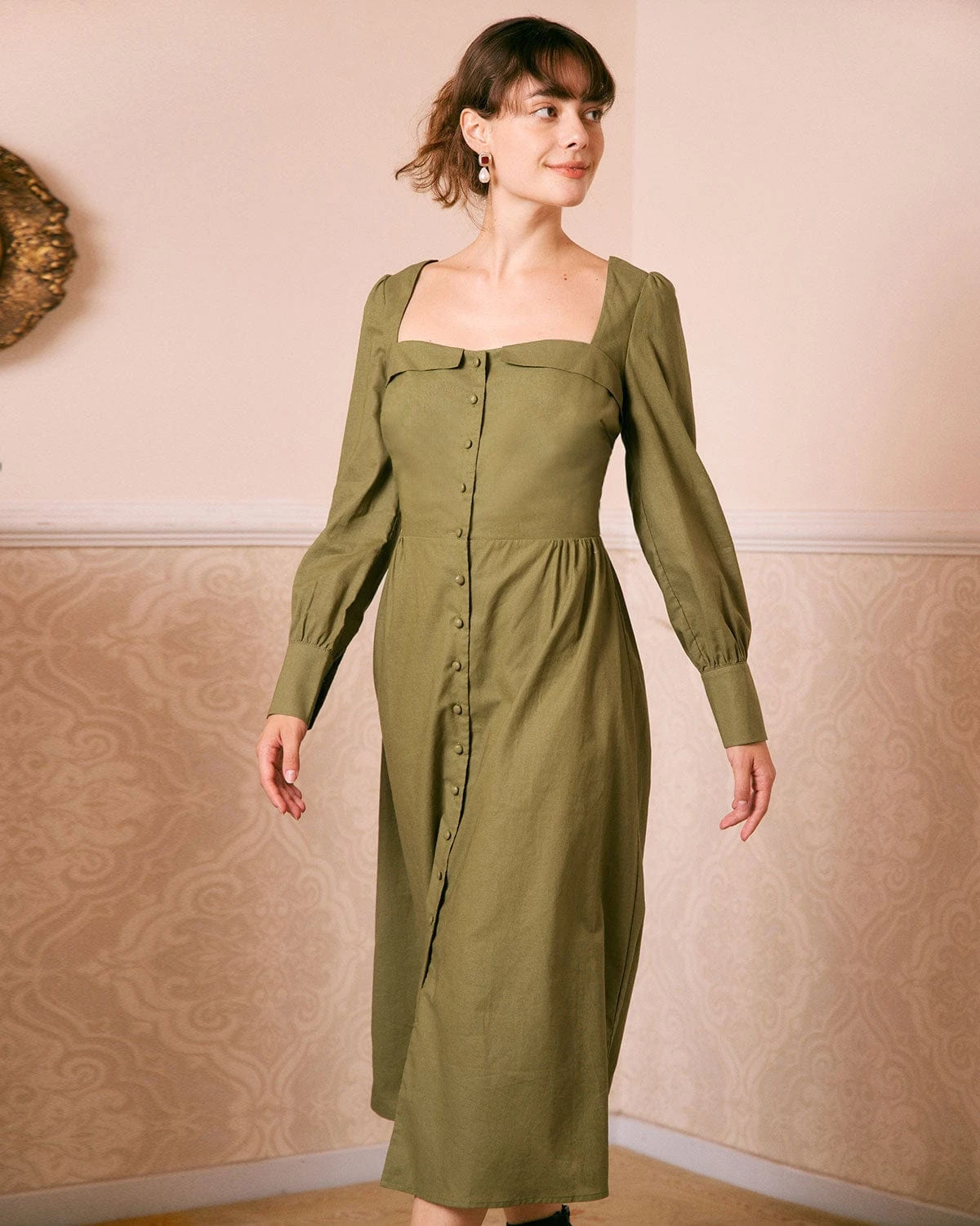 The Green Sweetheart Neck Button Midi Dress 3 The Green Sweetheart Neck Button Midi Dress - Image 3