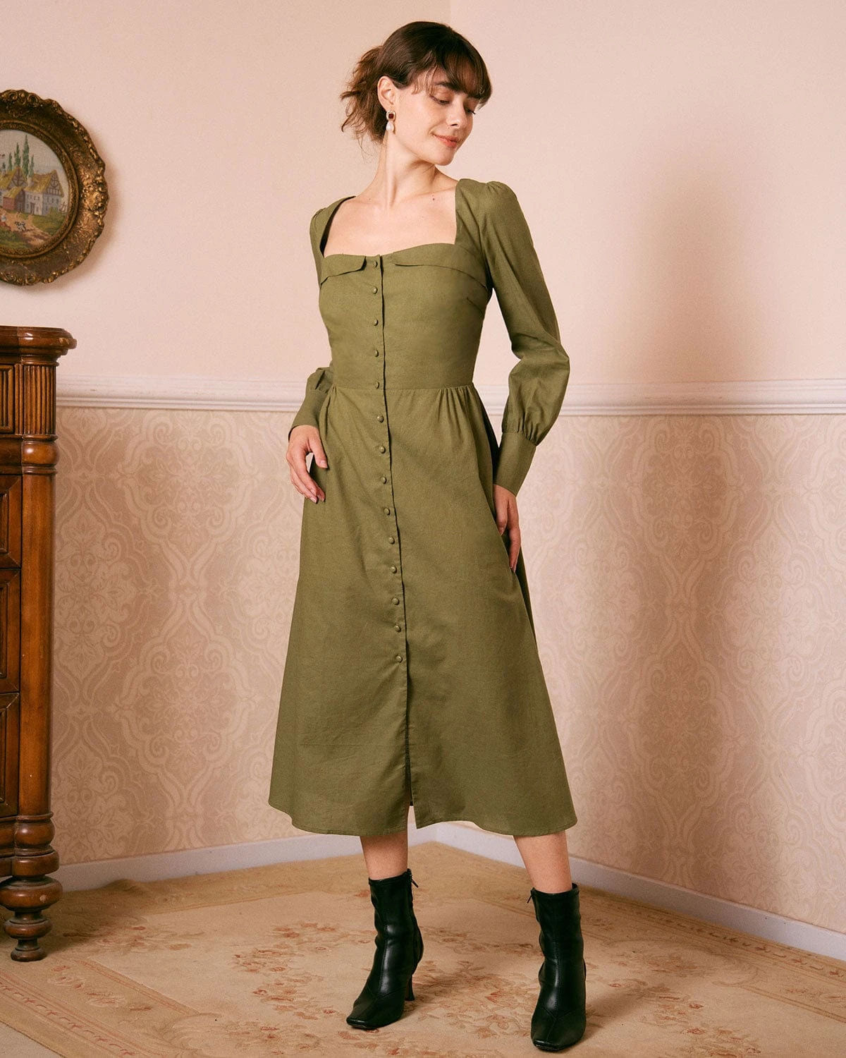 The Green Sweetheart Neck Button Midi Dress 5 The Green Sweetheart Neck Button Midi Dress - Image 5