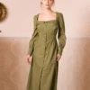 The Green Sweetheart Neck Button Midi Dress