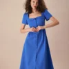 The Blue Sweetheart Neck Button Midi Dress