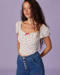 The Beige Sweetheart Neck Floral Shirred Blouse