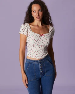 The Beige Sweetheart Neck Floral Shirred Blouse -Deals Dress N Swimwear Store the sweetheart neck floral short sleeve blouse tops o8wgb0 498516