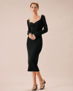 The Black Pearl Trim Bodycon Knit Midi Dress -Deals Dress N Swimwear Store the sweetheart neck pearl trim sweater dress dresses jjcshe