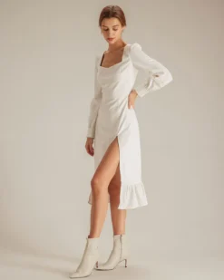 The White Sweetheart Neck Split Midi Dress -Deals Dress N Swimwear Store the sweetheart neck split hem dress dresses 5hyzfy
