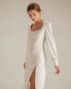 The White Sweetheart Neck Split Midi Dress -Deals Dress N Swimwear Store the sweetheart neck split hem dress dresses oziarx