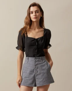 The Black Sweetheart Neck Puff Sleeve Sheer Blouse