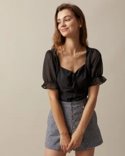 The Black Sweetheart Neck Puff Sleeve Sheer Blouse -Deals Dress N Swimwear Store the sweetheart neck tie font blouse tops as8aqi 337100