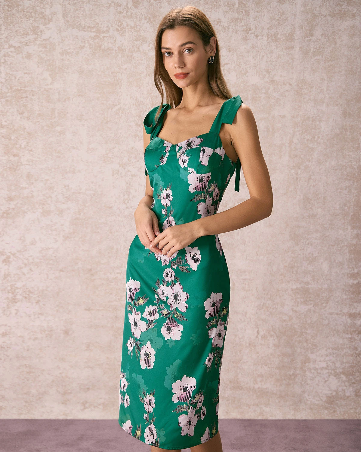 The Green Floral Satin Tie Strap Midi Dress 1 The Green Floral Satin Tie Strap Midi Dress
