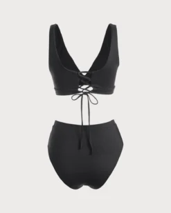 The Black V Neck Tie Back Ribbed Bikini Set 11 The Black V Neck Tie Back Ribbed Bikini Set -Deals Dress N Swimwear Store the tie back bikini set bikinis wzph9p
