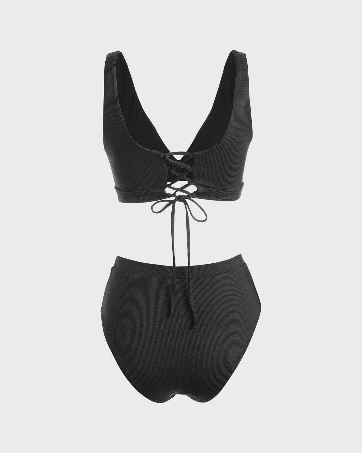 The Black V Neck Tie Back Ribbed Bikini Set 6 The Black V Neck Tie Back Ribbed Bikini Set - Image 6