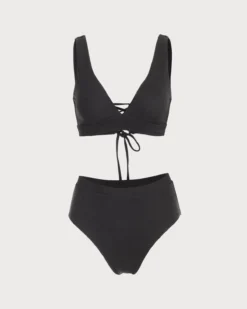 The Black V Neck Tie Back Ribbed Bikini Set 10 The Black V Neck Tie Back Ribbed Bikini Set -Deals Dress N Swimwear Store the tie back bikini set black bikinis zrx70e