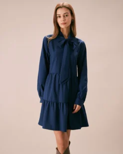 The Blue Tie-Neck Tiered Babydoll Mini Dress -Deals Dress N Swimwear Store the tie neck collar babydoll dress blue dresses 7dr7zd