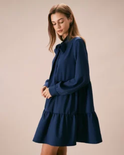 The Blue Tie-Neck Tiered Babydoll Mini Dress -Deals Dress N Swimwear Store the tie neck collar babydoll dress dresses 8raaaa