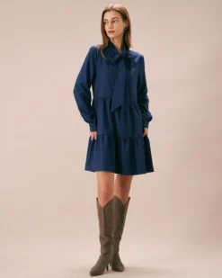 The Blue Tie-Neck Tiered Babydoll Mini Dress -Deals Dress N Swimwear Store the tie neck collar babydoll dress dresses 9zlhjl