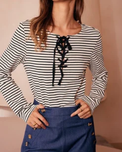 The White Tie Neck Striped Long Sleeve Tee 9 The White Tie Neck Striped Long Sleeve Tee -Deals Dress N Swimwear Store the tie neck striped long sleeve tee tops fe3jg9 914625