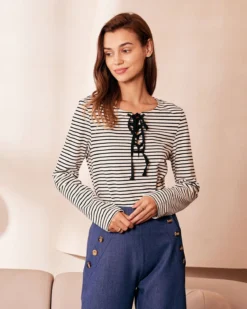The White Tie Neck Striped Long Sleeve Tee