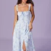 The Blue Square Neck Floral Ruched Midi Dress