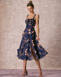 The Navy Lace Up Floral Ruched Midi Dress -Deals Dress N Swimwear Store the tie ruched floral dress dresses ebpaan