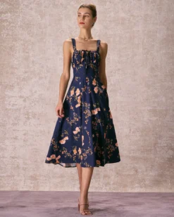 The Navy Lace Up Floral Ruched Midi Dress -Deals Dress N Swimwear Store the tie ruched floral dress dresses hsfphe
