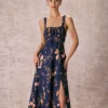 The Navy Lace Up Floral Ruched Midi Dress