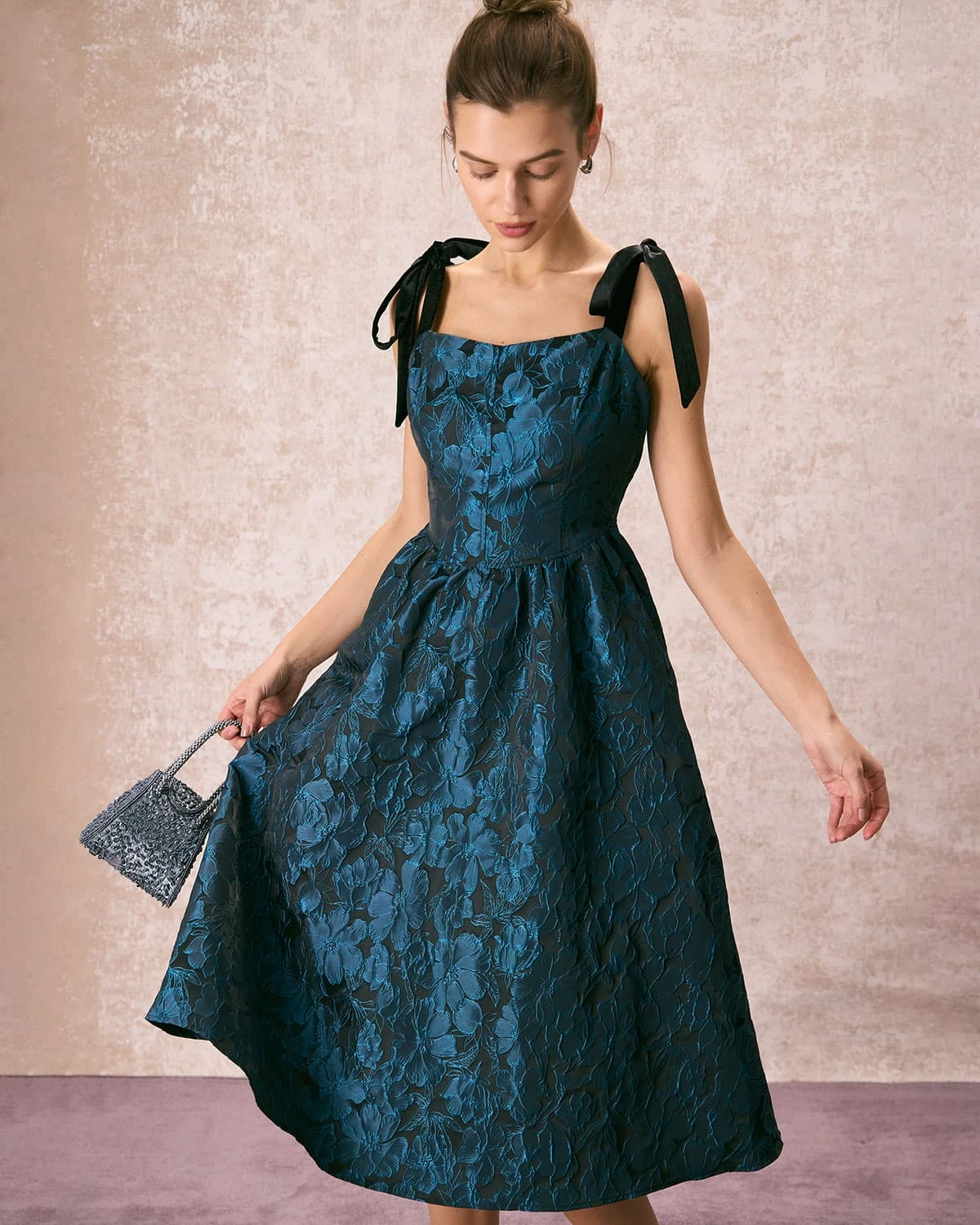 The Navy Tie Shoulder Jacquard Midi Dress 1 The Navy Tie Shoulder Jacquard Midi Dress