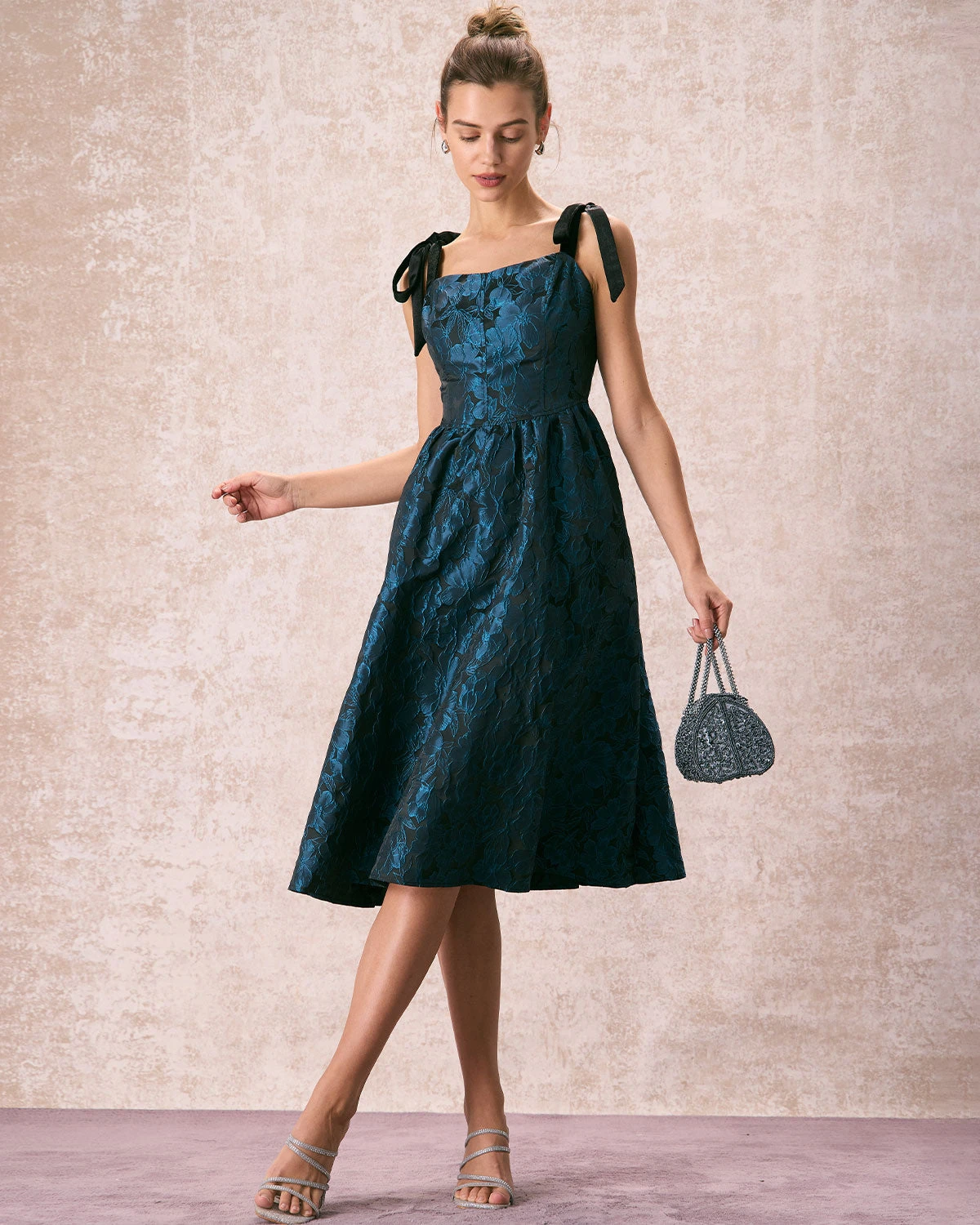The Navy Tie Shoulder Jacquard Midi Dress 2 The Navy Tie Shoulder Jacquard Midi Dress - Image 2