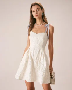 The Off White Jacquard Tie Strap Mini Dress