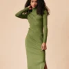 The Green Solid Turtleneck Long Sleeve Knit Dress