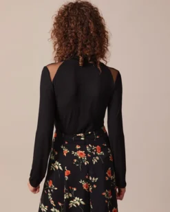 The Black Turtleneck Sheer Splicing Tee -Deals Dress N Swimwear Store the turtleneck sheer splicing top tops n5pp3p 309677