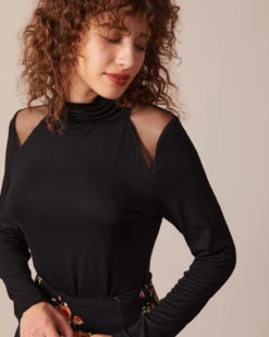 The Black Turtleneck Sheer Splicing Tee -Deals Dress N Swimwear Store the turtleneck sheer splicing top tops sbdlig 749561