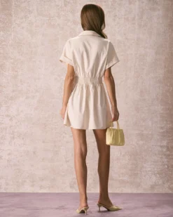 The Beige Ruched Twist Front Shirt Mini Dress -Deals Dress N Swimwear Store the twist front shirt dress dresses empw6o