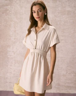 The Beige Ruched Twist Front Shirt Mini Dress -Deals Dress N Swimwear Store the twist front shirt dress dresses pyl7tc