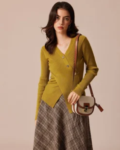 The Green V Neck Ribbed Wrap Knit Top