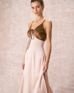 The Khaki V-Neck Colorblock Satin Midi Dress -Deals Dress N Swimwear Store the v neck colorblock satin dress dresses 3rwwdu