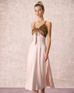 The Khaki V-Neck Colorblock Satin Midi Dress -Deals Dress N Swimwear Store the v neck colorblock satin dress dresses o2s3lo