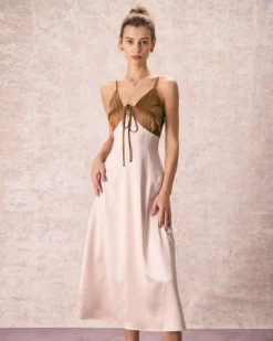 The Khaki V-Neck Colorblock Satin Midi Dress