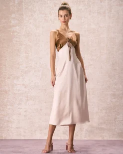 The Khaki V-Neck Colorblock Satin Midi Dress -Deals Dress N Swimwear Store the v neck colorblock satin dress khaki dresses svdnzb