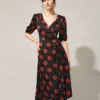 The V Neck Puff Sleeve Floral Wrap Midi Dress